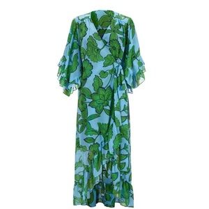 CAbi | Derby Green and Blue Floral Wrap Midi Dress Small
